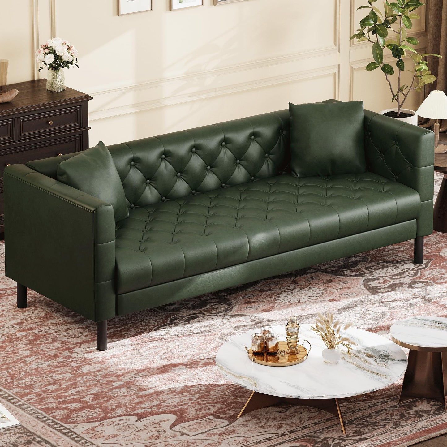 GarveeHome 81 in Leather Couch for Living Room, Modern Sofa Couch with Deep Seat, Handmade Button Tufted 3 Seater Sofa, Leather Sofa for Apartment, Office, Green