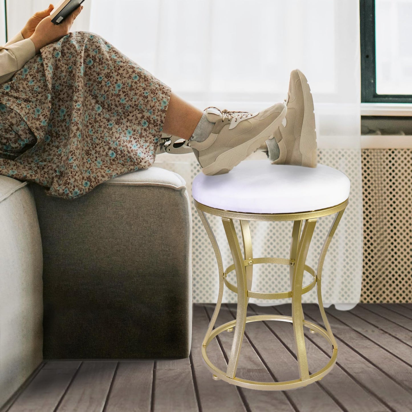 Ellensamqi Velvet Round Vanity Stool Chair,White Velvet Footrest Ottoman Foot Stool Seat with Golden Metal Legs,Makeup Chair for Bathroom Vanity,Bedroom,Living Room