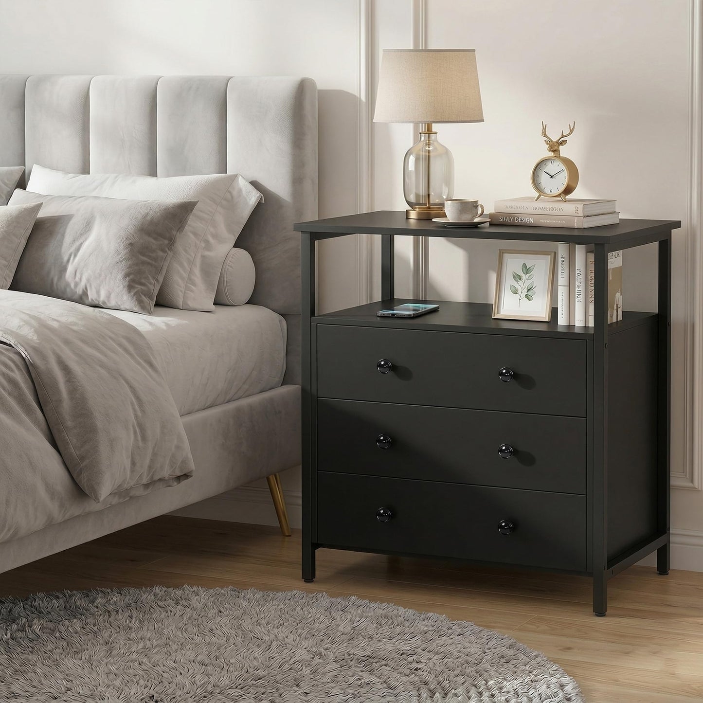 Edbuosy 3 Wooden Drawers Night Stand, 27 Inch Wide Nightstand with Charging Station and Adjustable Drawers, Small Dresser for Closet, Bedside Table for Living Room/Bedroom/Office, Black.