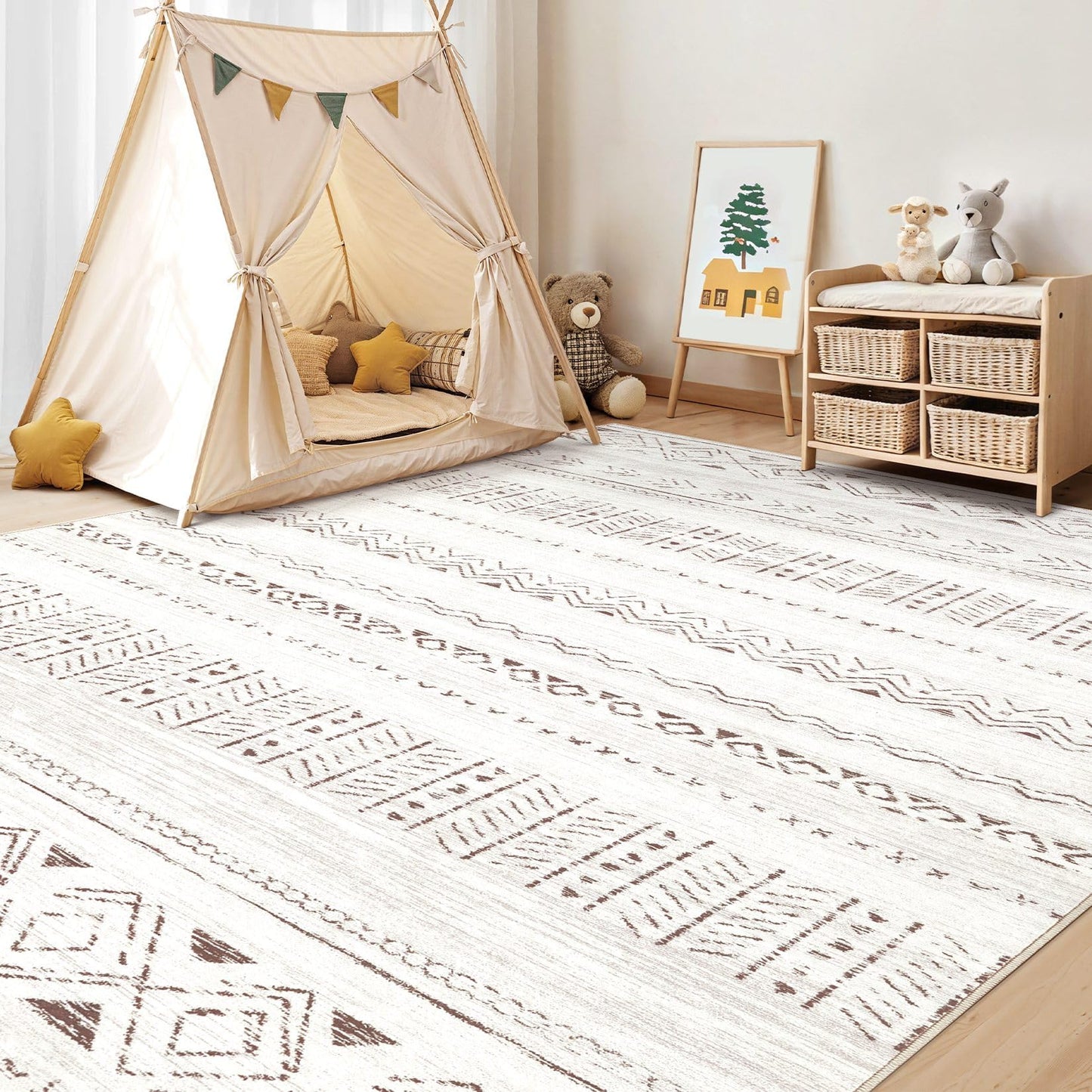 cotiled 5x7 Area Rugs Living Room Rug: Washable Boho Rugs with Non Slip Backing Large Soft Indoor Stain Resistant Carpet for Bedroom Farmhouse Dining Room Lightweight Home Decor L Brown/Cream