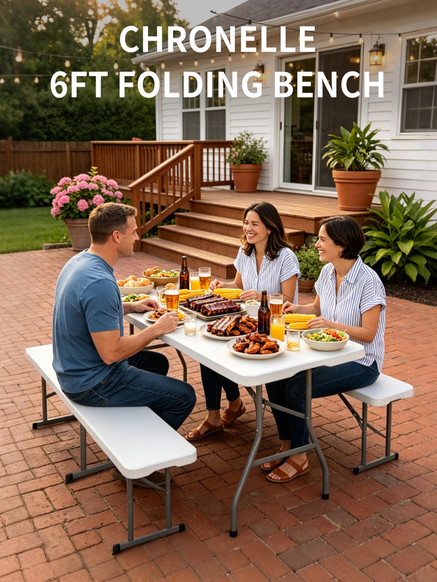 CHRONELLE 6FT Folding Outdoor Bench (2 Pack), Heavy Duty Portable Plastic Bench for Dining Table, Patio, Garden & Soccer Sideline, White Foldable Seat for Adults, Easy to Store & Carry