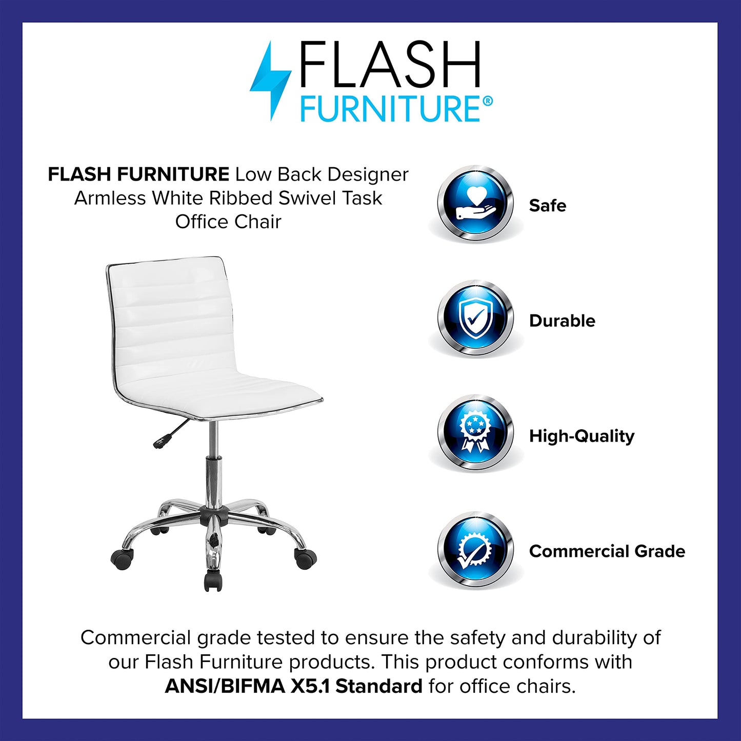 Flash Furniture Whitney High Back Desk Chair - White LeatherSoft Executive Swivel Office Chair with Chrome Frame & Alan Low Back Designer Armless White Ribbed Swivel Task Office Chair