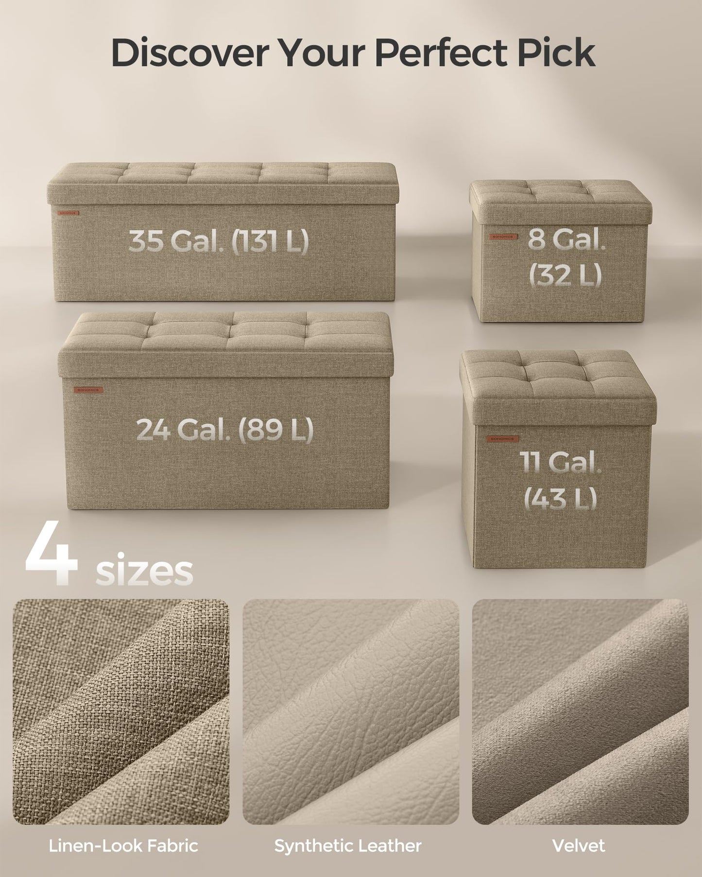 SONGMICS MAZIE Collection - Small Folding Storage Ottoman, Foot Rest Stool, 12.2 x 16.1 x 12.2 Inches, 286 lb Load Capacity, for Living Room, Bedroom, Home Office, Dorm, Light Taupe ULSF102K01