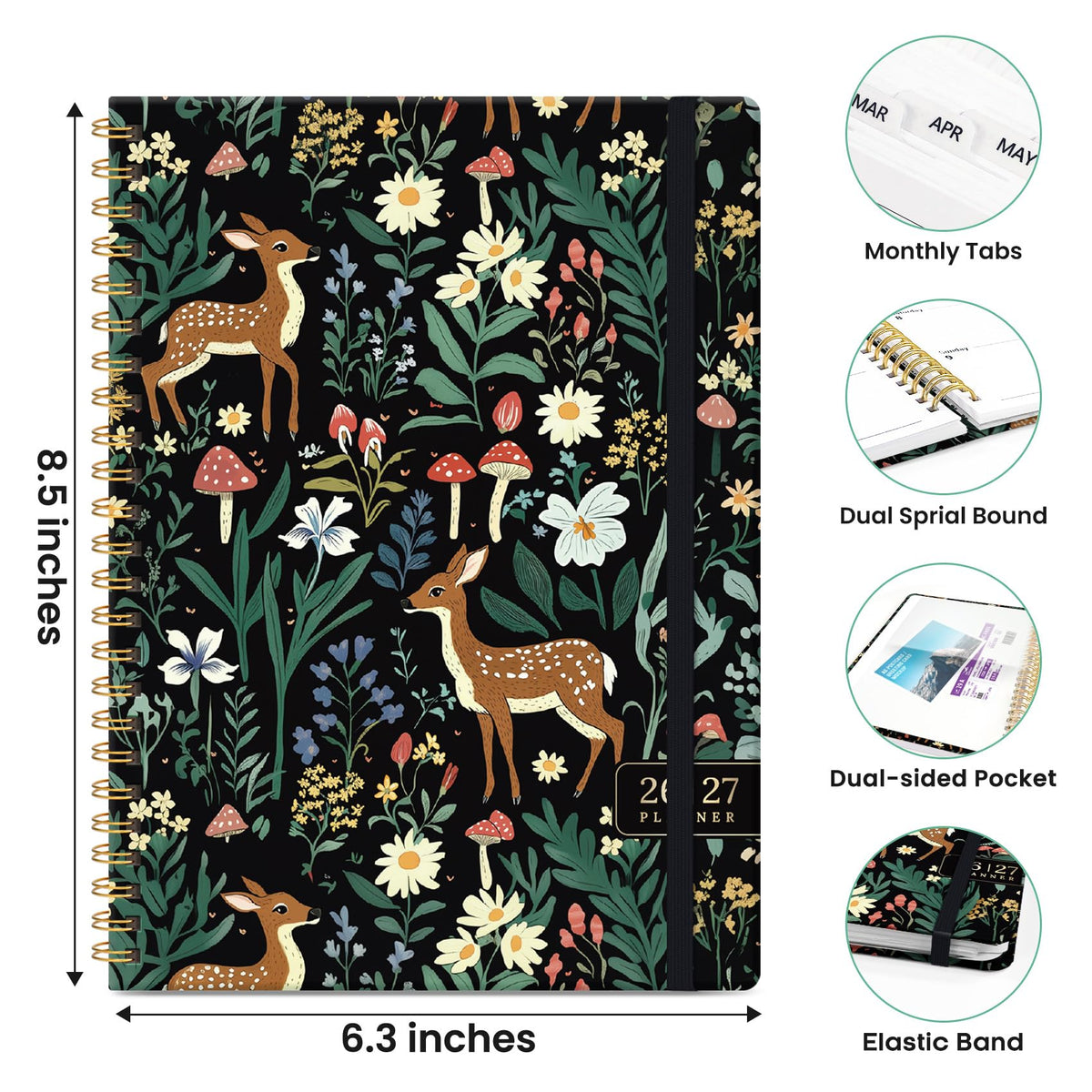 Academic Planner 2026-2027, Monthly and Weekly Calendar Planner, July 2026 - June 2027, Pretty Hardcover Teacher Student Planning Agenda Book with Tabs, Fit for School Office Supplies, 6.3" x 8.5", Forest Fawns