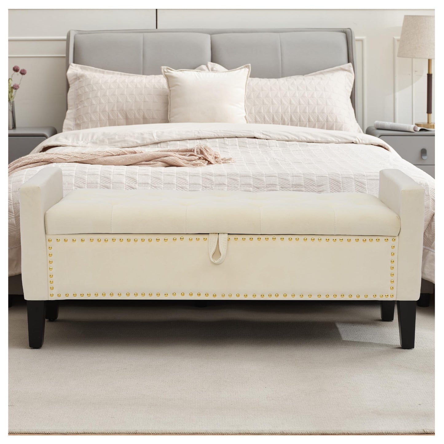 UDAX Storage Ottoman Bench, Velvet Upholstered Footstool for Bedroom and Living Room, Frosted Flannel Seat with Storage, Wooden Legs & Metal Rivets, Beige