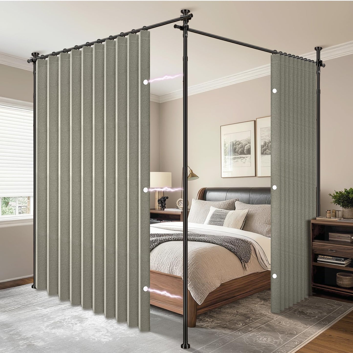 AJAZZ Privacy Curtains for Room Divider with Blackout & Soundproof (2 Panels, Grey, W100 x L96 in)+ No Drill Curtain Rods(H) 43-120×(W) 35-200 in, Wall Divider for Bedroom/Studio/Office Curtain