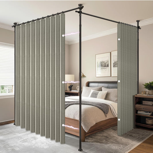 AJAZZ Privacy Curtains for Room Divider with Blackout & Soundproof (2 Panels, Grey, W100 x L96 in)+ No Drill Curtain Rods(H) 43-120×(W) 35-200 in, Wall Divider for Bedroom/Studio/Office Curtain