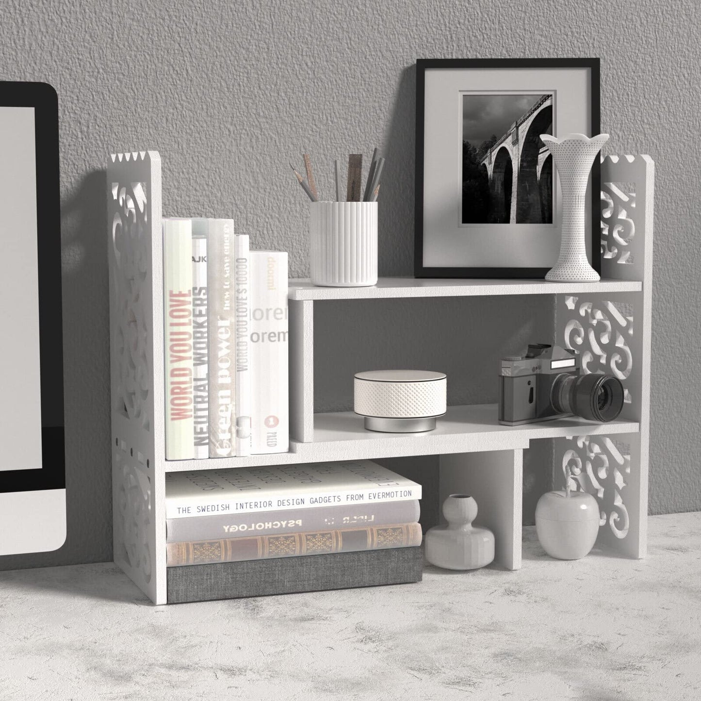 MASAKA B&W - Kawaii Storage Desktop Organizer for Your Desk Space, Double H Plants Display Shelf, Home Office Storage Rack Adjustable Stackable for Office, Dormitory (White*09)