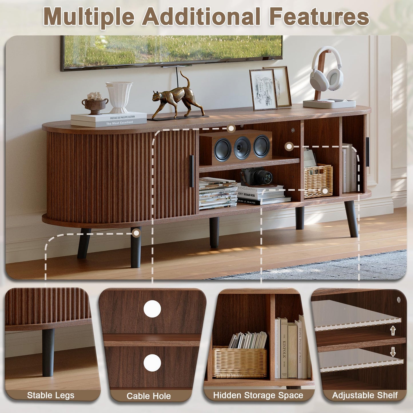 ChooChoo Mid Century Modern TV Stand for TVs up to 60 Inch, Entertainment Center with Fluted Sliding Doors and Hidden Storage, TV Console with Adjustable Shelf for Living Room, Bedroom, Walnut