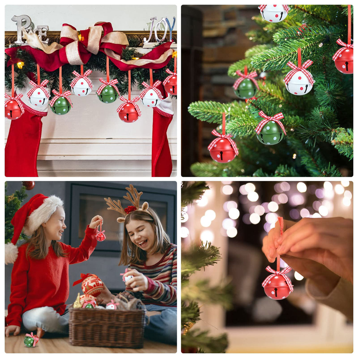 Naler 24 Pieces Christmas Jingle Bells with Ribbon Metal Cutout Craft Bells Hanging Ornaments for Christmas Tree Xmas Decoration, Red Green White, 1.57”