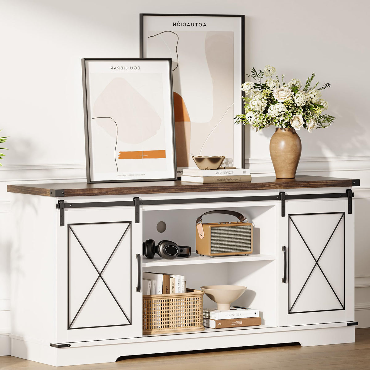 IDEALHOUSE Farmhouse TV Stand and Entertainment Center for Tv up to 65 inches with Sliding Barn Doors, Tv Media Console Table with Storage Cabinet for Living Room, White & Brown