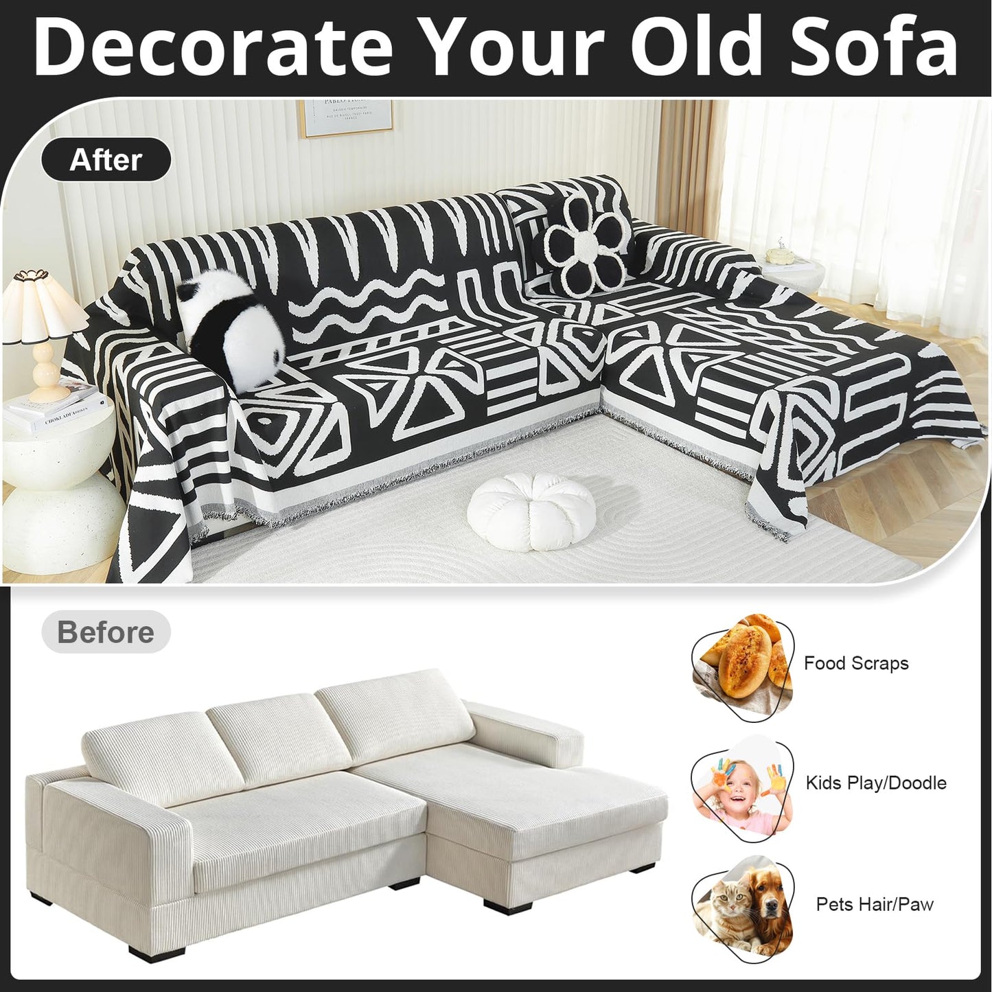 Royhom Sectional Couch Covers 2 Pieces, L Shaped Couch Cover Blanket, Boho Sofa Covers Washable, Sofa Slipcover with Tassel, Suitable for All Seasons (71"x110"+71"x118", Black)
