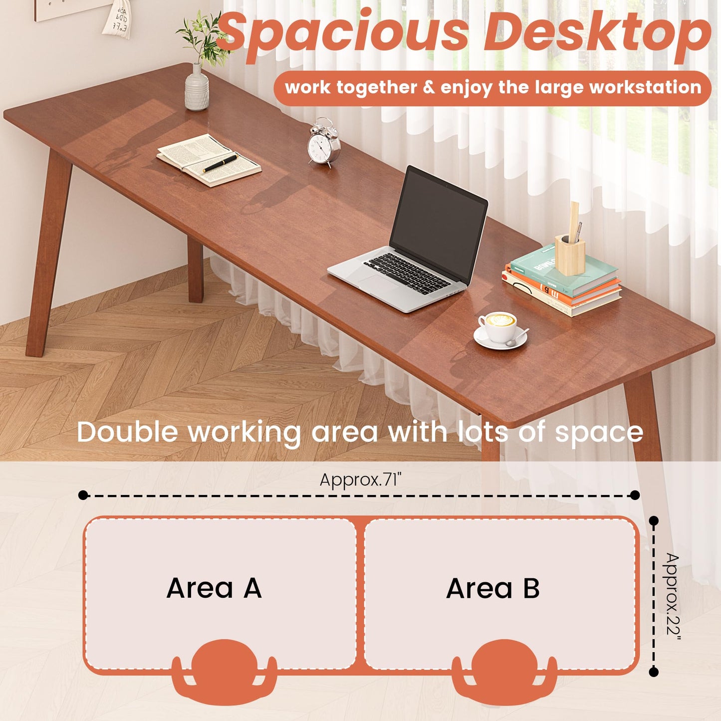 ENPKLUTE Solid Wood Desk with Large Desktop - 70.9" Mid Century Modern Executive Desks, Farmhouse Home Office Computer Desks for Two People, Writing Study Table | 2 Person Desk for Any Room-Walnut