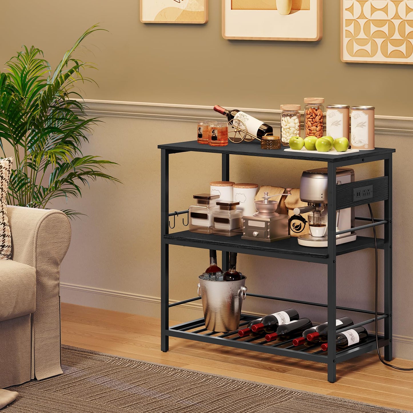 HOOBRO Kitchen Island with Storage, Kitchen Island Table with Power Outlet, 35.4" L 3 Tier Coffee Station and Microwave Stand, for Home, Kitchen and Dining Room, Black BB021ZD01
