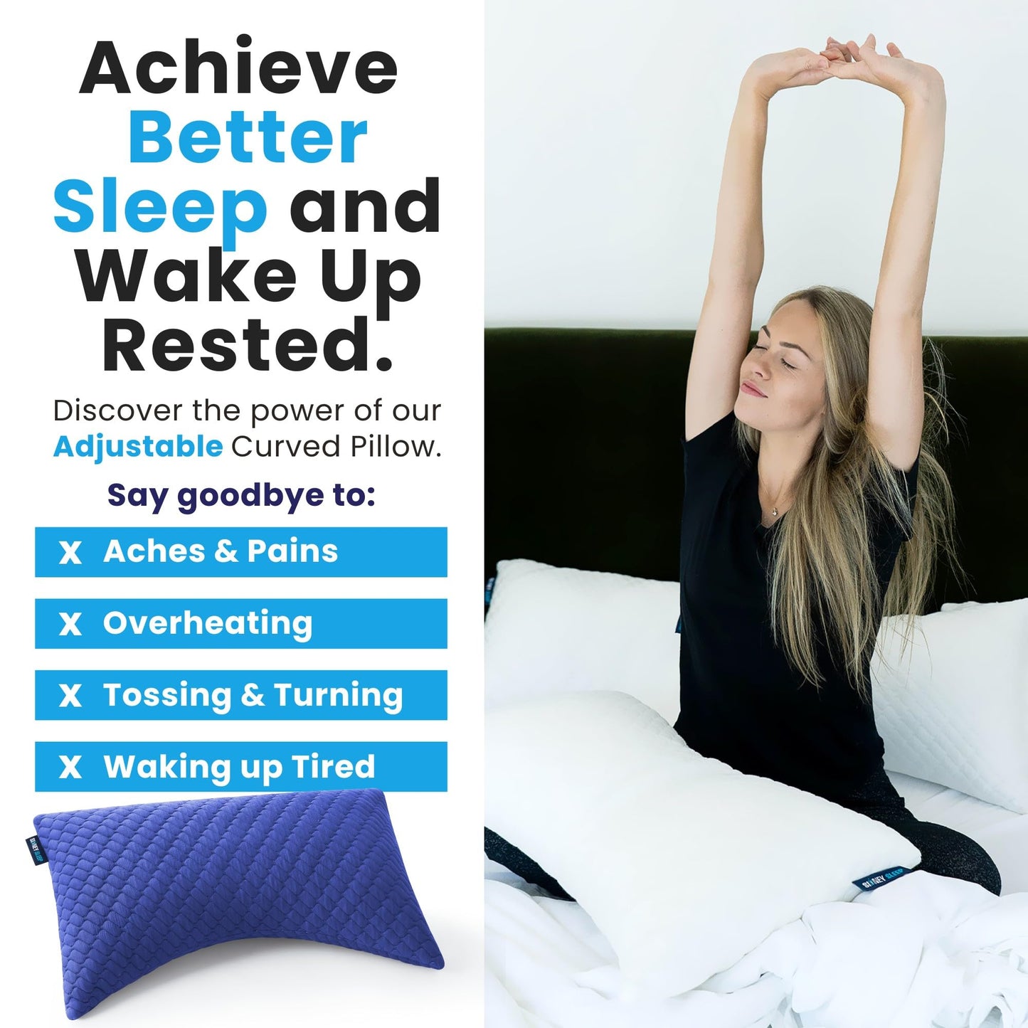 Sidney Sleep Adjustable Curved Pillows for Neck and Shoulder Support with Extra Shredded Fill - Cervical Contour Pillow for Side and Back Sleepers - Queen Size 19" x 29" - CertiPUR-US Certified (Blue)