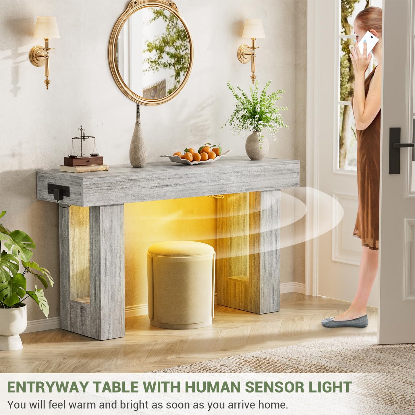 Unikito 47" Entryway Table with Socket and Sensor Light, Narrow Console Table with Storage Behind Couch, Farmhouse Entry Way Tables with Open Storage for Entrance/Hallway/Living Room, White Oak
