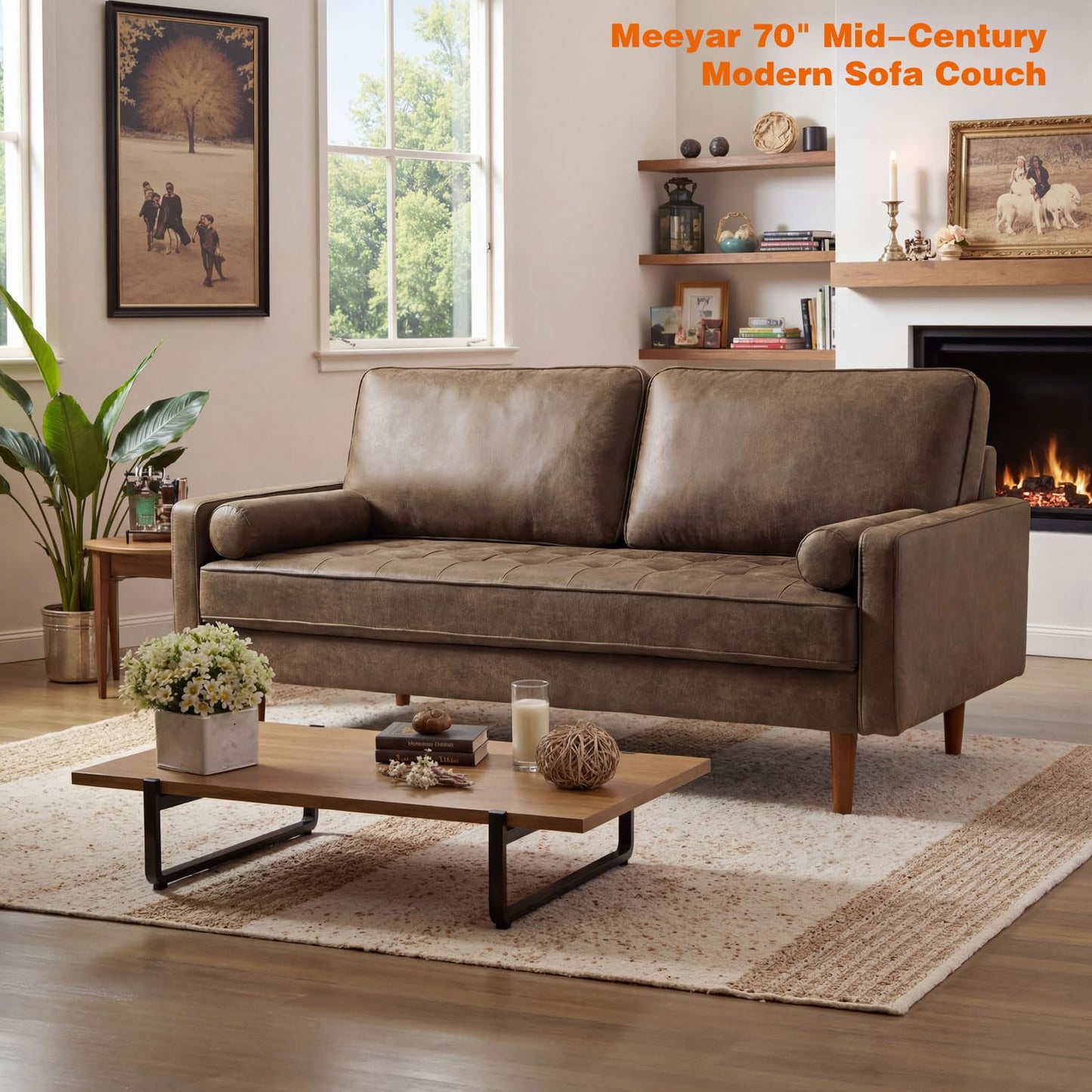 Meeyar 70" Mid-Century Modern Sofa Couch – Faux Leather Loveseat Sofa with Deep Seat & Solid Wood Frame – Includes 2 Accent Pillows –Dark Brown Living Room Bedroom Office