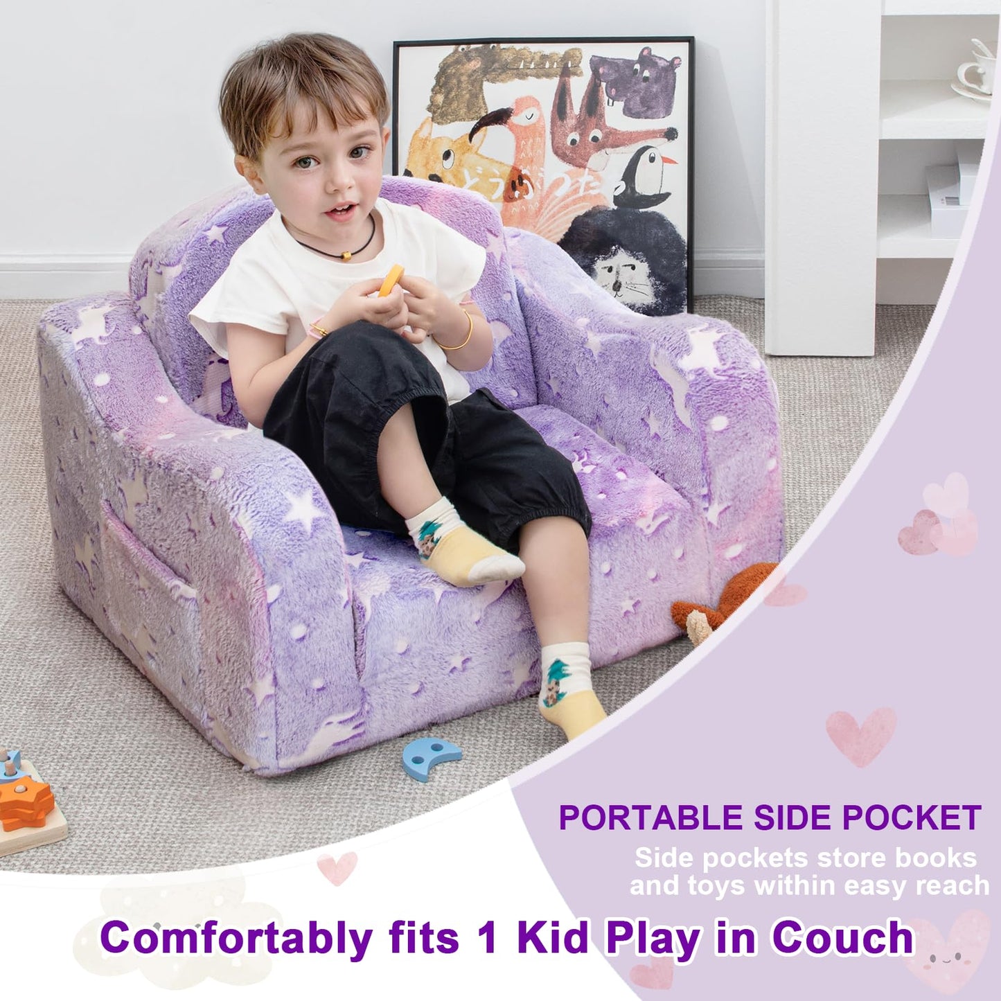 Airpanda Comfy Kids Chair and Couch with Blanket,2-in-1 Soft Fold Out Couch for Girls and Boys,Convertible Sofa Chair for Playroom,Purple Pony