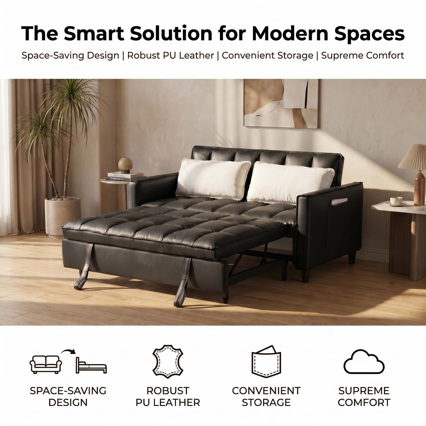 Trygoal 3 in 1 Convertible Sofa Bed, Loveseat Sleeper Sofa with Large Side Pockets, Pull Out Couch with Adjustable Backrest, Easy Assembly, PU Couch Bed for Small Spaces, Apartment, Black