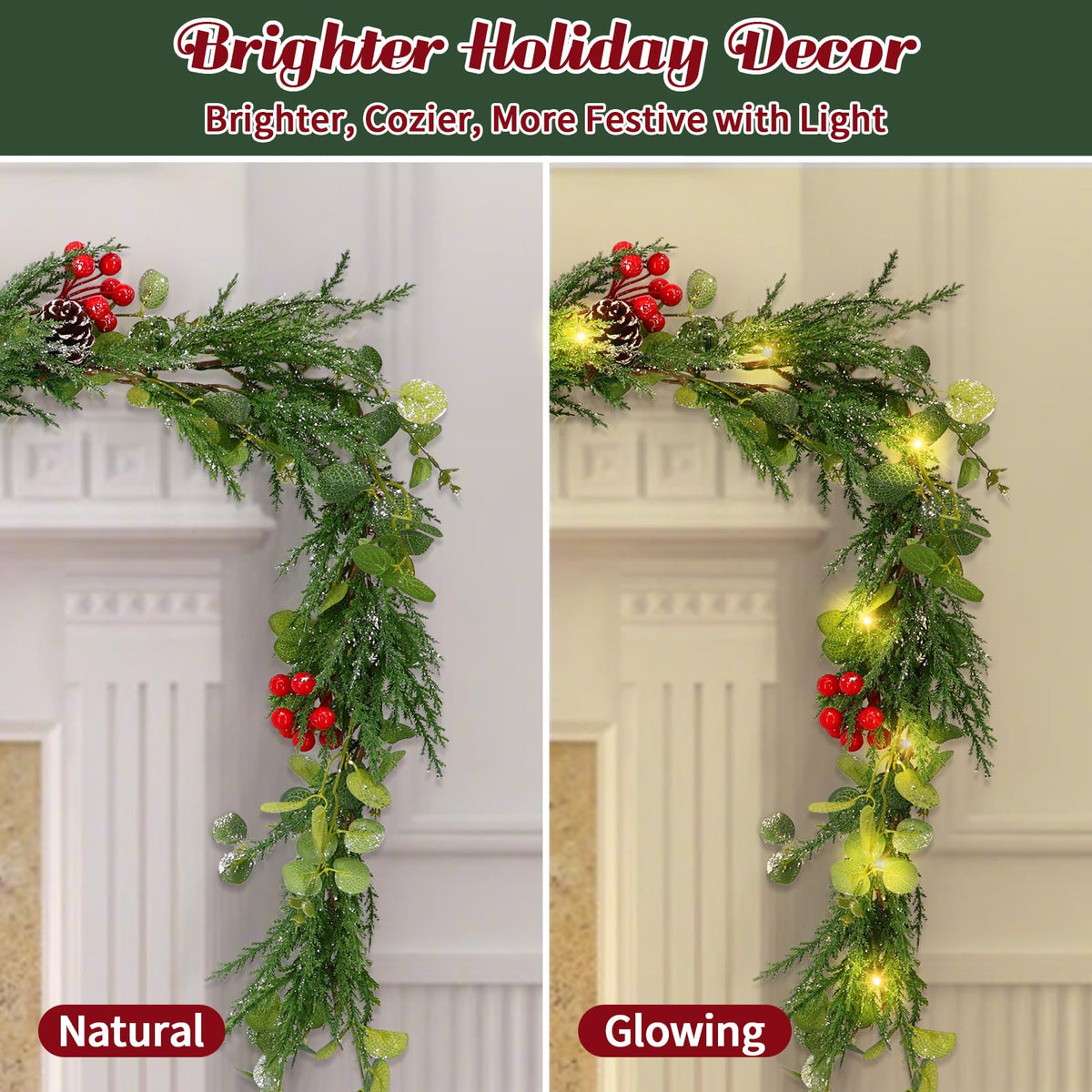 6FT Prelit Christmas Garland with Lights, Realistic Eucalyptus Garland with Artificial Cedar Cypress Leaves Red Berries Pine Cone Greenery Xmas Garland for Mantle Stair Railing Fireplace Decoration