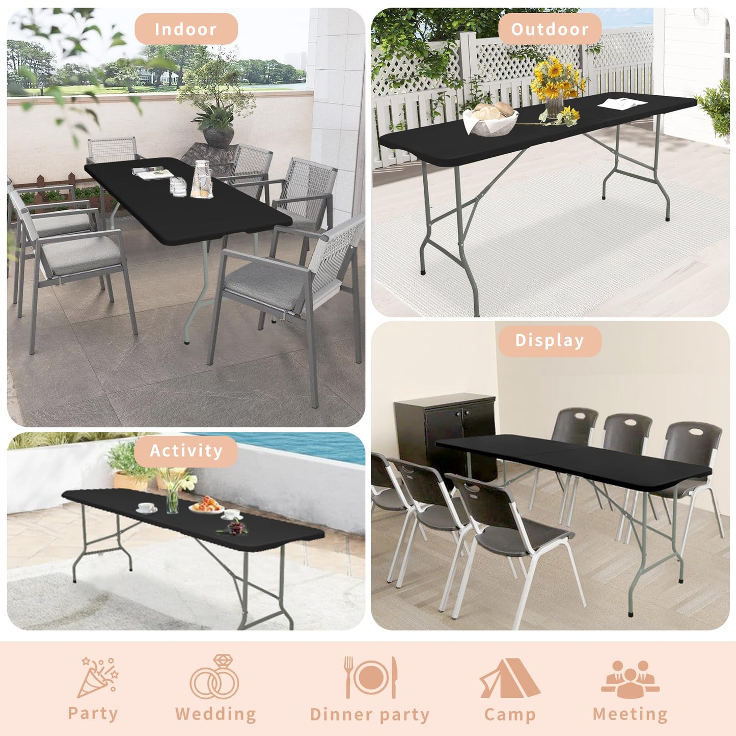 HAISIWLKJ Folding Table 6 FT Lightweight Camping Table Black Portable Plastic Rectangular Outdoor Dining Table Steel Legs Fold-in-Half with Carrying Handle for Indoor,Picnic,Party,Wedding,Events