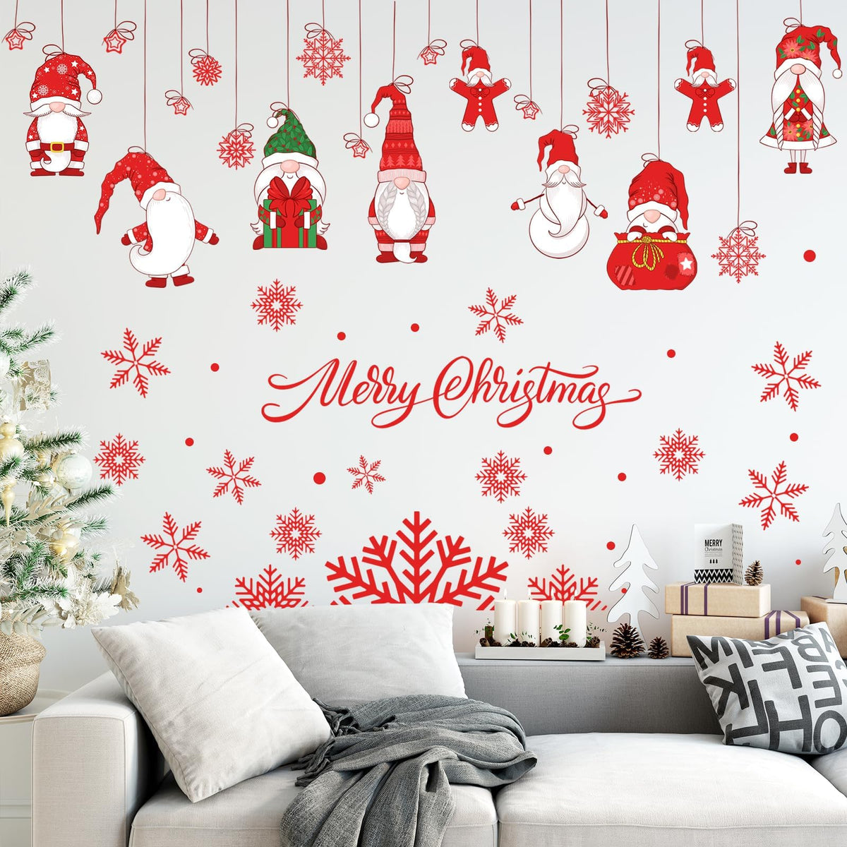 61.02 x 48.42 Inch Wall Decals: Merry Christmas Gnome Wall Stickers - Removable, Perfect for Xmas Holiday Party Supplies & Home Wall Decor