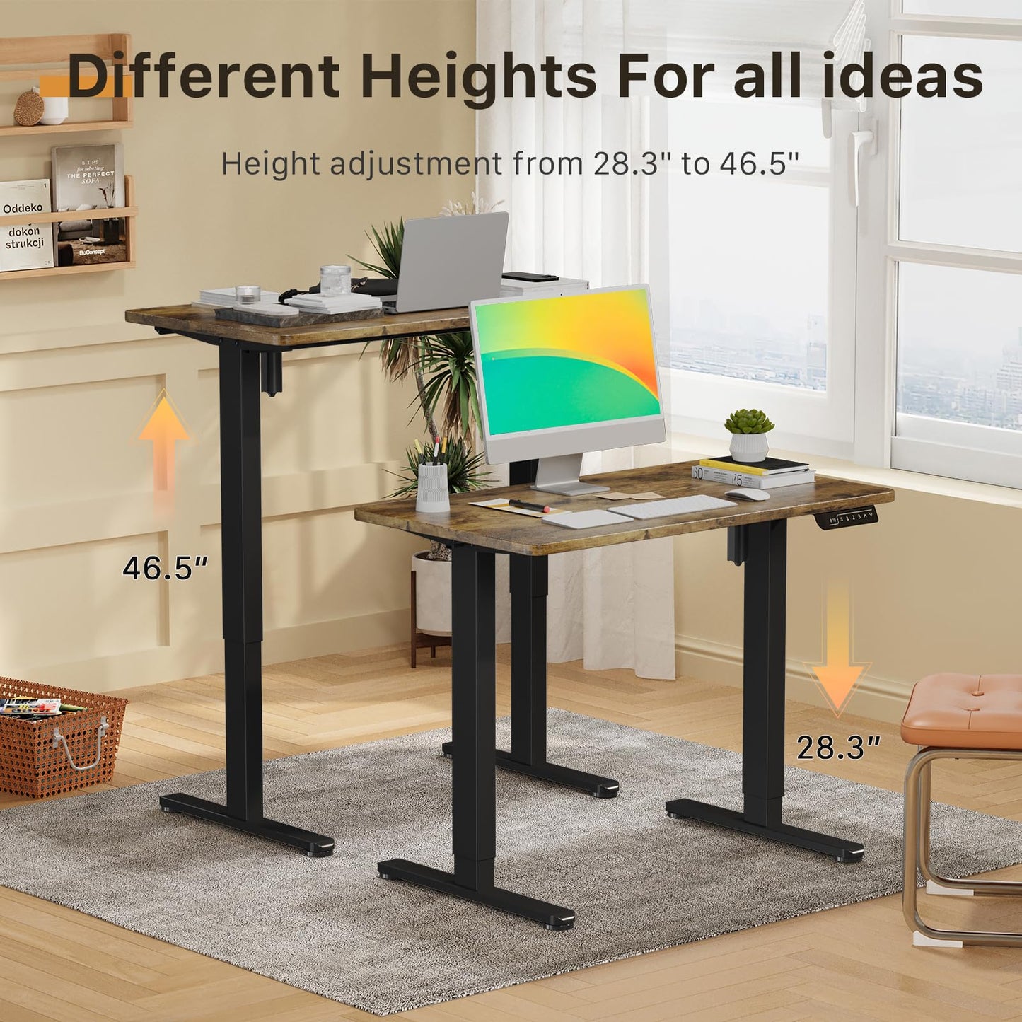 JOY worker Small Electric Standing Desk, 35" x 20" Whole Piece Height Adjustable Desk with Memory Controller, Sit to Stand Desk Workstation for Home Office, Rustic Brown