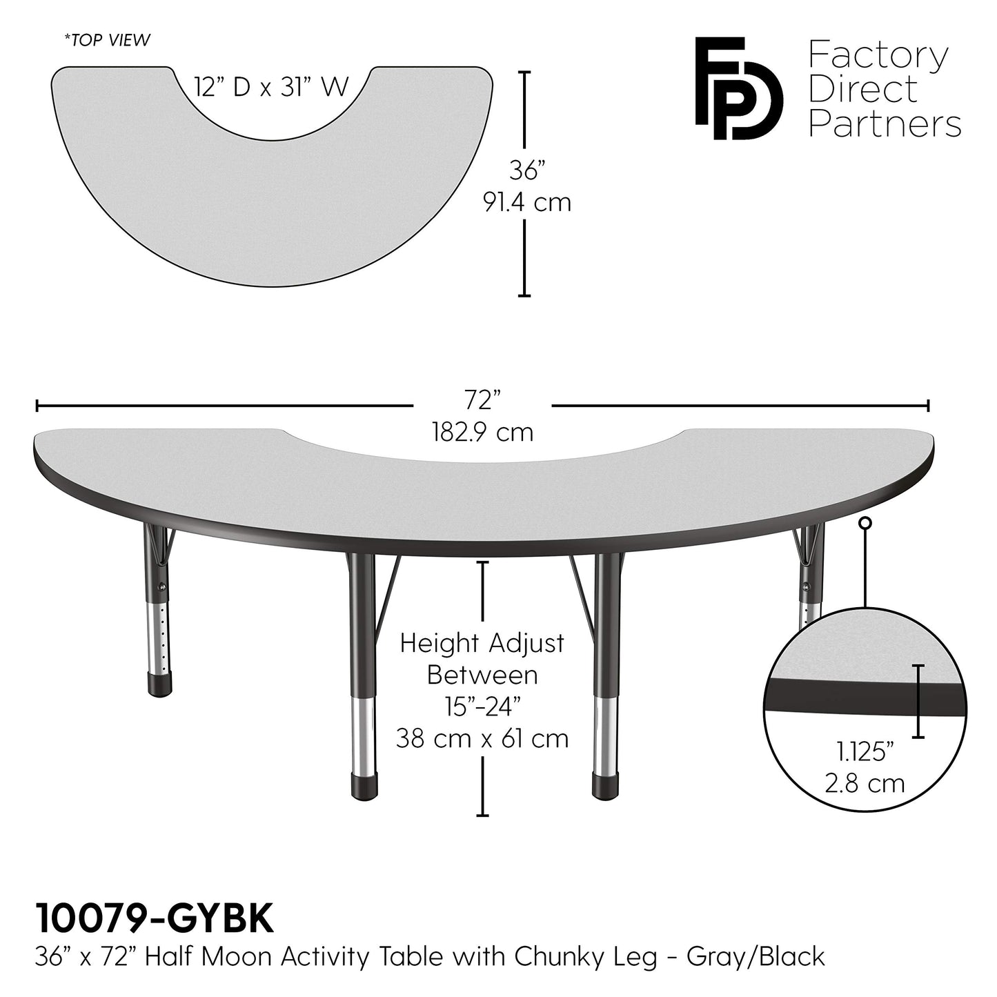 FDP Half Moon Activity School and Classroom Kids Table (36 x 72 inch), Chunky Toddler Legs for Collaborative Seating Environments, Adjustable Height 15-24 inches - Gray Top and Black Edge