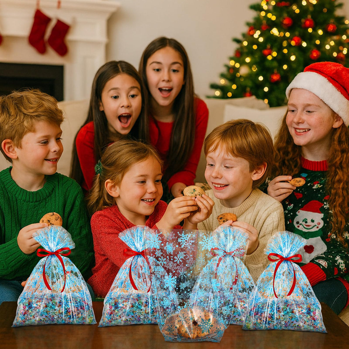 Meanplan 50 Pcs Winter Snowflakes Cellophane Cookie Tray Bags 15" x 17" Snowflake Cookie Tray Bags with Twist Ties and Red Ribbon Treats Gift Wrap for Winter Holiday Party Favors Supplies