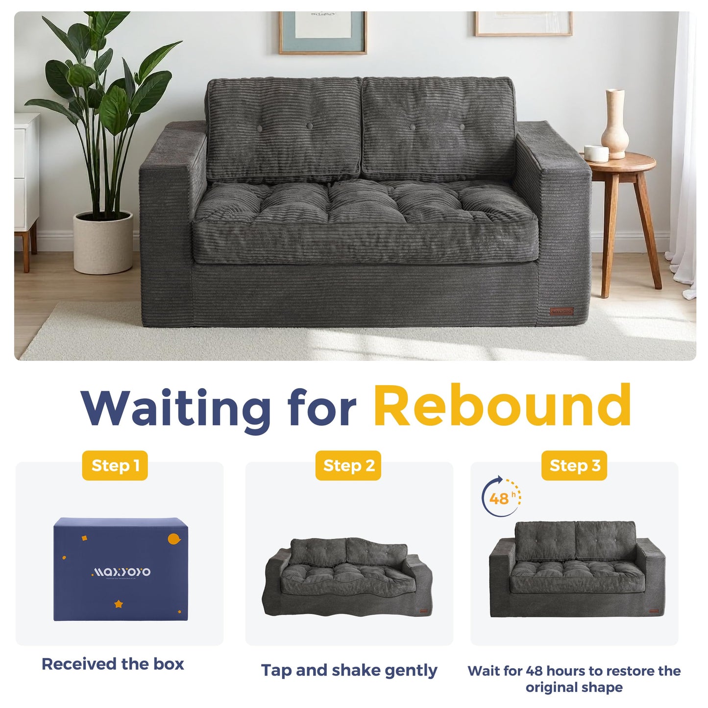MAXYOYO Loveseat Sofa Couch, Upholstered Bean Bag Chair Cloud 2-Seat for Adults, Boneless Couch with Tufted Cushion & Pillows, Sofa in A Box, No Assembly Required, Dark Grey