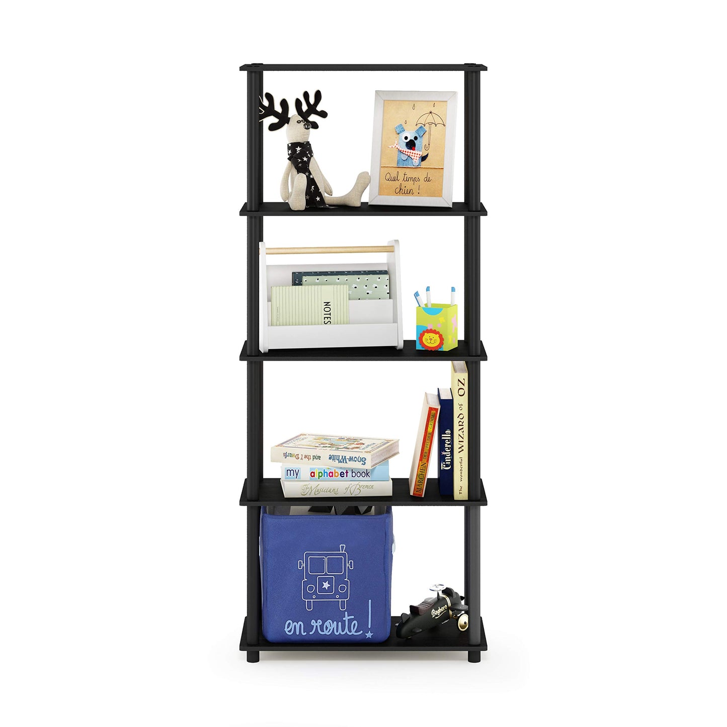 Furinno TURN-N-TUBE Storage Shelves, 5-Tier Book Shelf, Corner Shelf, Toolless Open Shelves, for Organization and Storage, Living Room, Garage, Home Office, Americano
