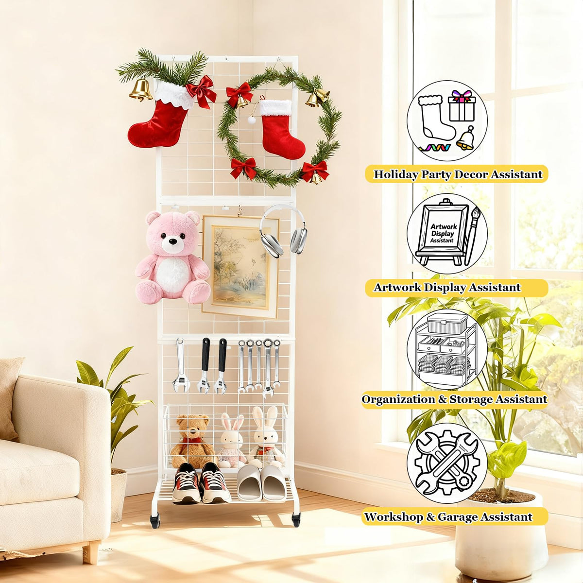 APshouhu Foldable Grid Wall Panels, Gridwall Panels with Folding Baskets, Tool-Free Assembly and Folding, for Storage and Retail Merchandise Display (White)