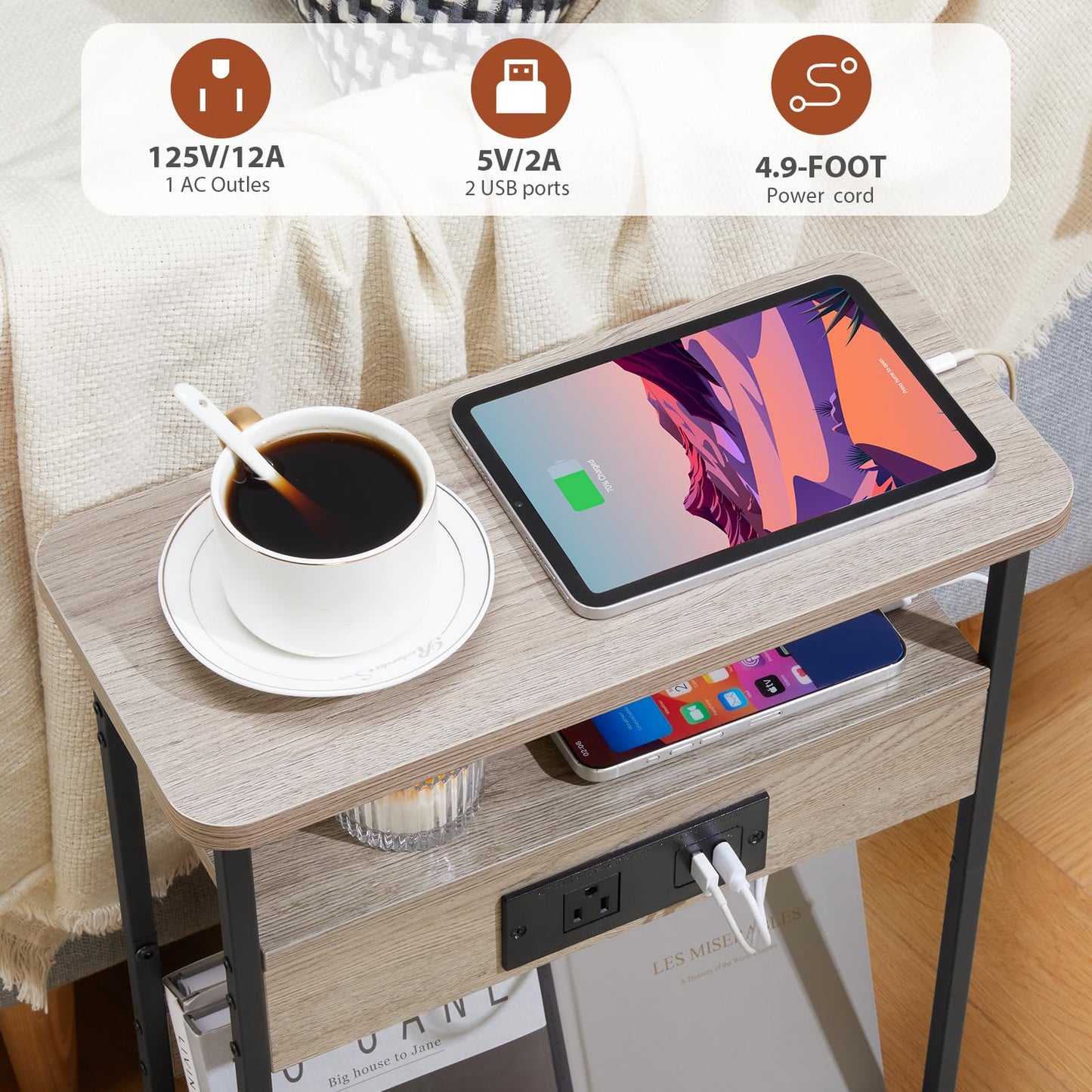 YEAKOO Narrow Side Table with Charging Station, 3-Tier End Table with 2 USB Ports & Power Outlets,Thin Sofa Side Table for Narrow and Small Spaces, Bedside Table Nightstand for Living Room,Oak