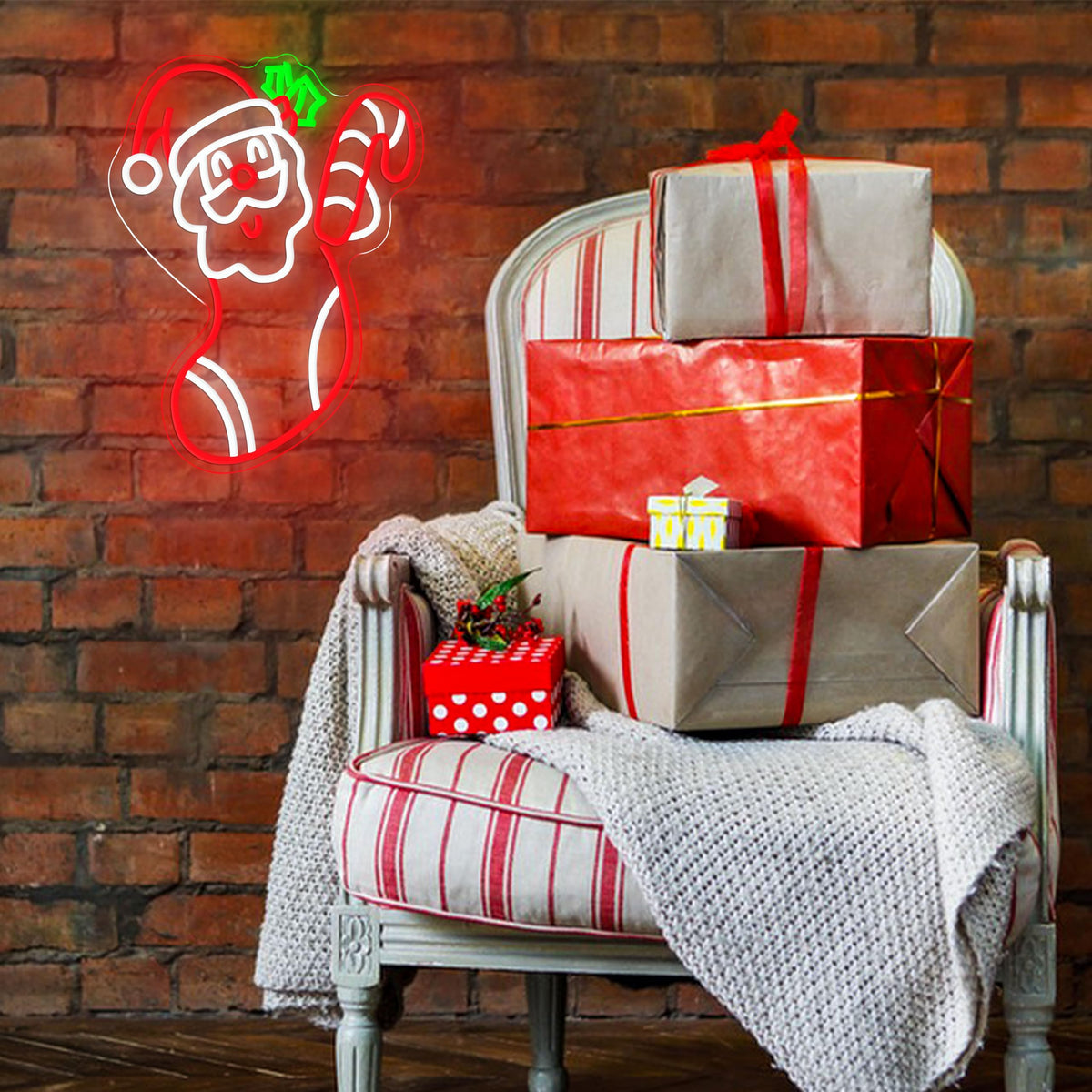 JLEWUINH Merry Christmas Neon Sign Dimmable Santa Claus In Stockings Neon Light USB Powered Holly Led Light up Sign for Christmas Eve Party New Year Home Bar（16.5 * 12.6 In）