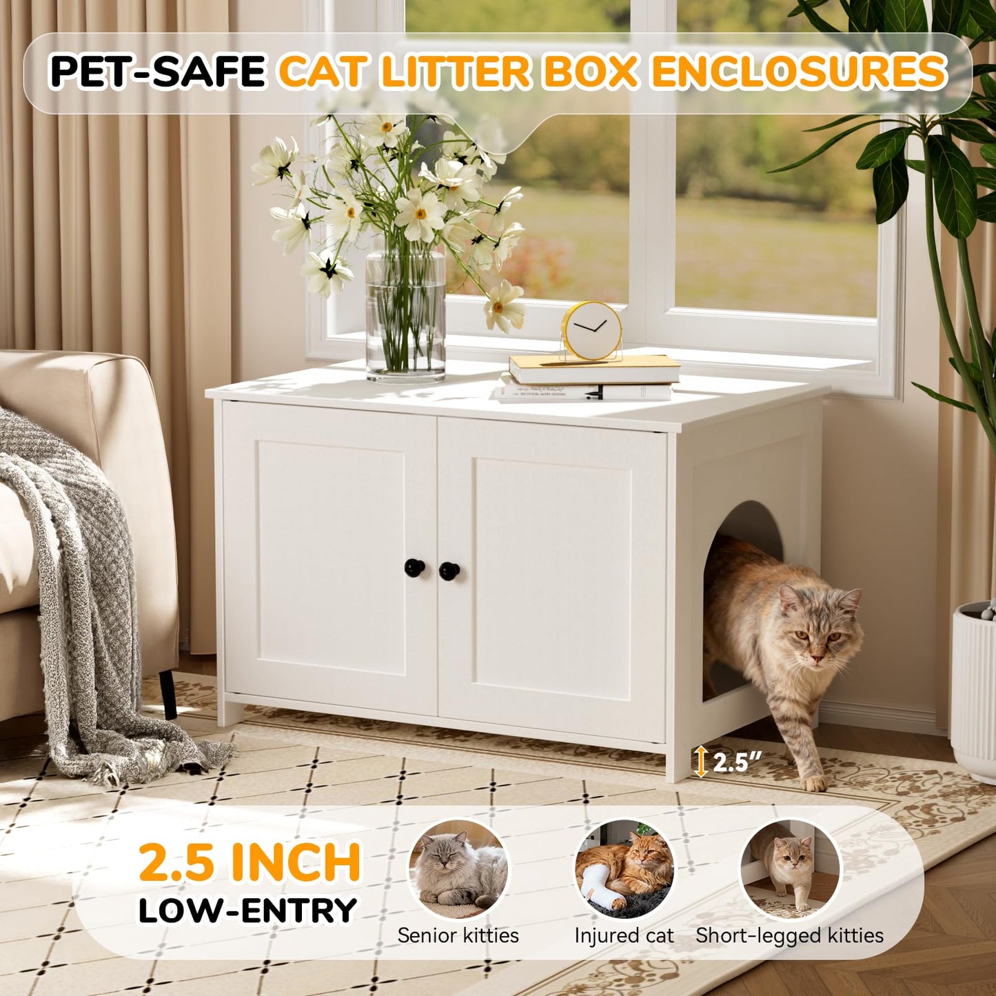 Fecuria Cat Litter Box Enclosure Furniture Dog Proof, Hidden Kitty Washroom Cabinet Low Entry, Wooden Cat Boxes Enclosure Odor Control for Home, Farmhouse Style Decorative TV Stand with Storage, White
