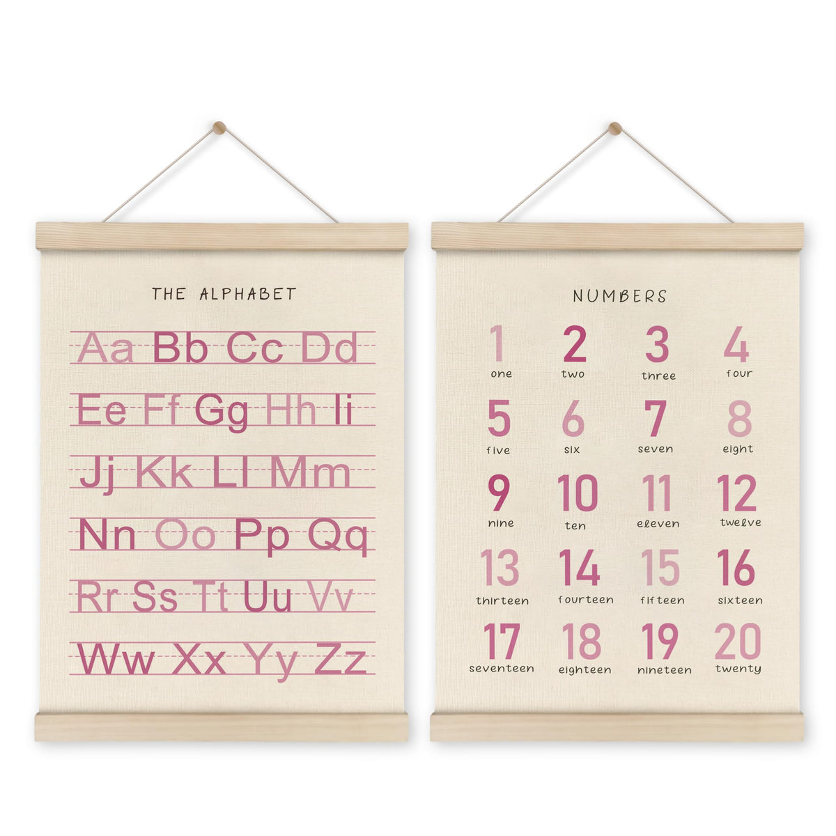 HRQKO Alphabet Numbers Poster Hanger Frame Set of 2, Pink Girls Nursery Wall Decor, ABC Poster Wall Art with Wooden Frames, Pink Alphabet Banner Wall Hanging Decor for Toddler Playroom, 12x16 Inch