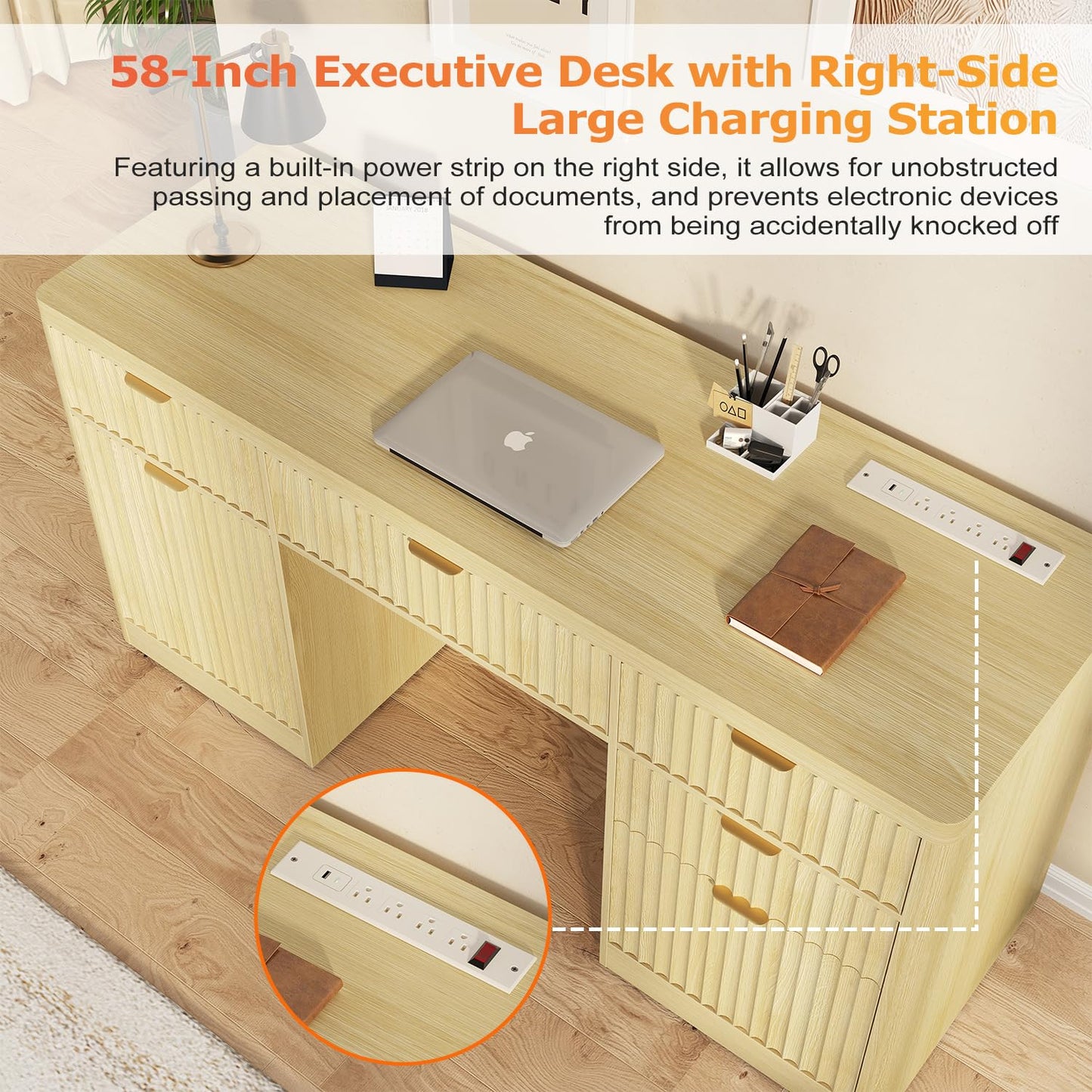 58" Fluted Executive Desk with Storage & Charging Station, Wood Modern Home Office Desk with 4 Drawers, 1 File Cabinet, 1 storage Cabinet, Computer Writing Desk for Work, Living Room, Bedroom, Natural