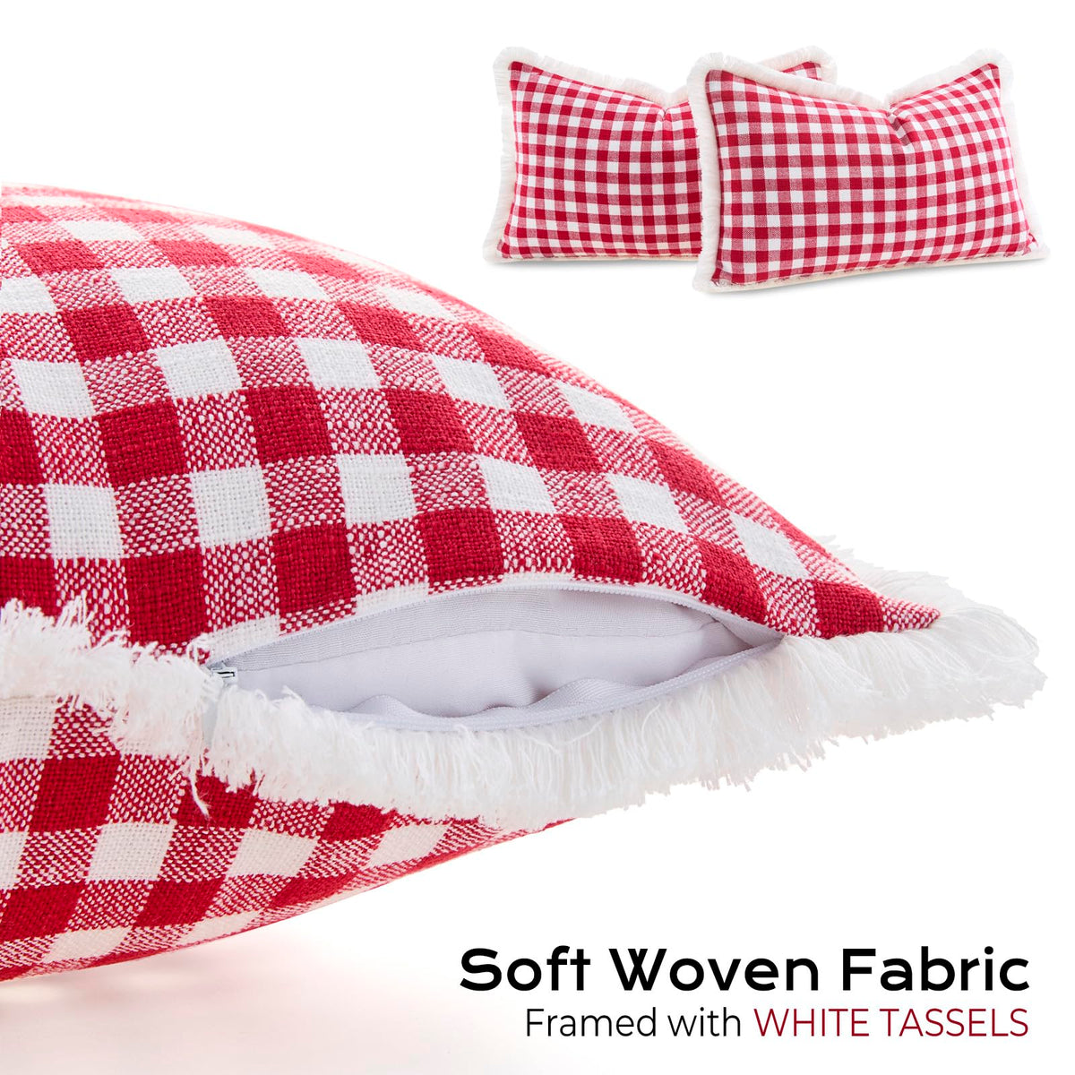 12x20 Red and White Christmas Plaid Gingham Lumbar Pillow Covers Set of 2