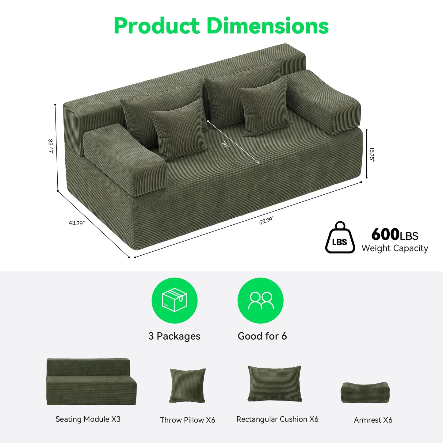 MONVANE 3-Piece Boneless Loveseat Couch Set for Living Room, Oversized Modular Sectional Sofa Set with Removable Armrests, Comfy Corduroy Cloud Couch with 12 Pillows, No Assembly Required, Green