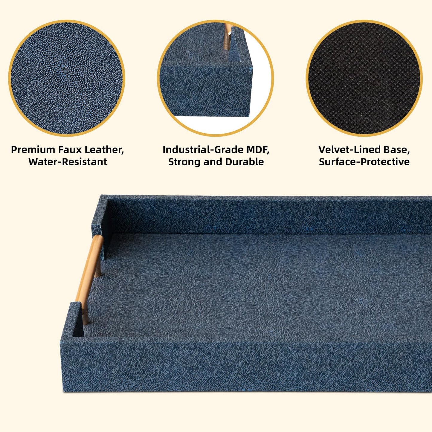 UPPER DECOR Modern Decorative Tray Set of 2, Blue Shagreen Leather Tray, Rectangle Serving Trays with Gold Polished Metal Handles, Ottoman Trays Coffee Table Perfume Kitchen Home Decor