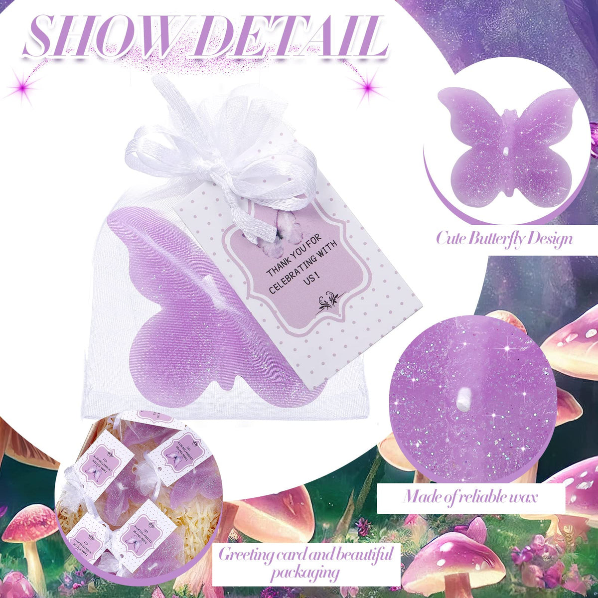 Treela 24 Sets Butterfly Baby Shower Party Favors for Guests Purple Tea Lights Candles with Thank You Gifts Cards and Bags Decorations for Wedding Birthday Engagement Souvenirs Gender Reveal