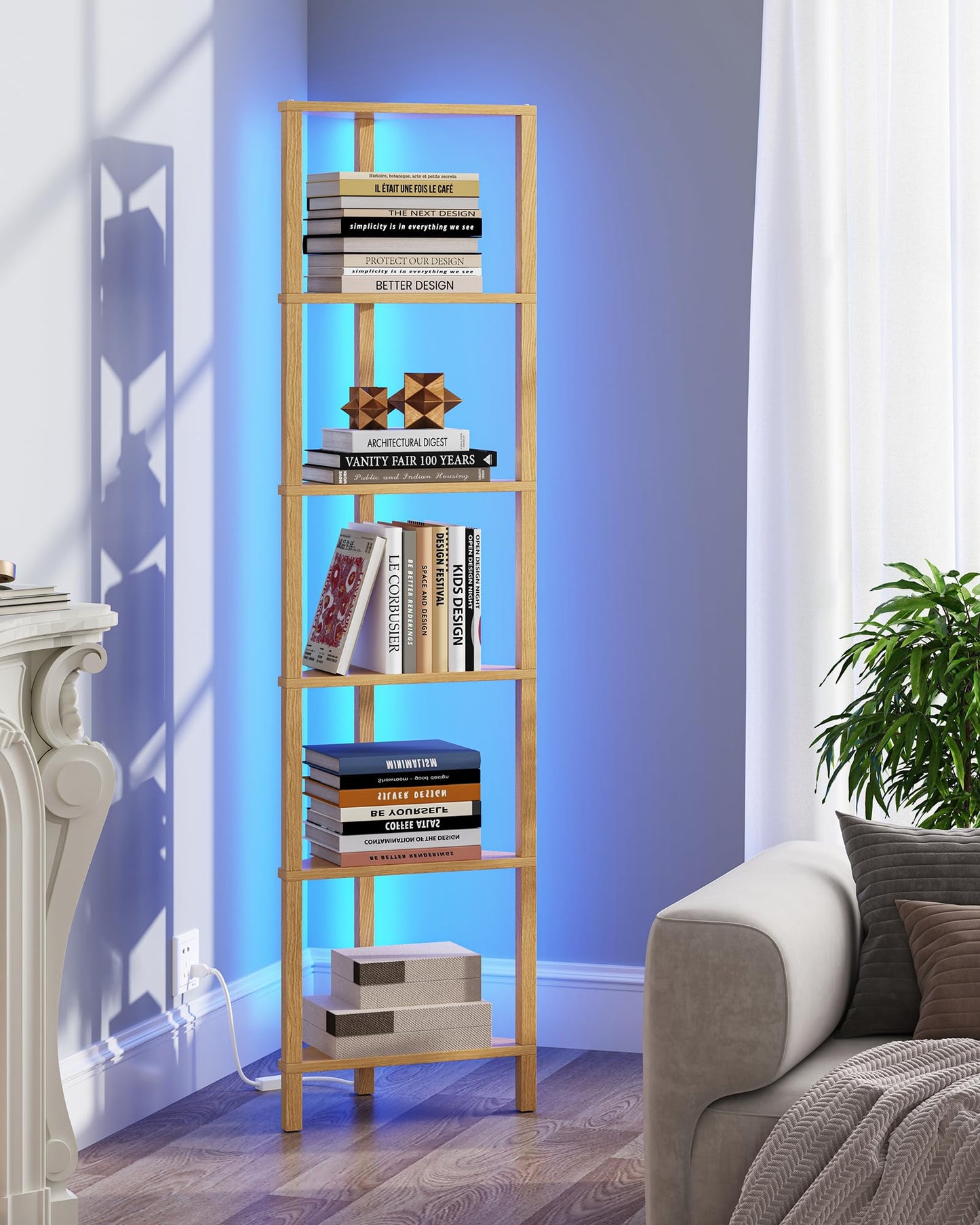 TUTOTAK Corner Shelf with LED Light, 6-Tier Corner Bookshelf for Small Space, Narrow Display Corner Shelf Stand with Storage Rack, for Living Room, Bedroom, Natural BS05BN006L