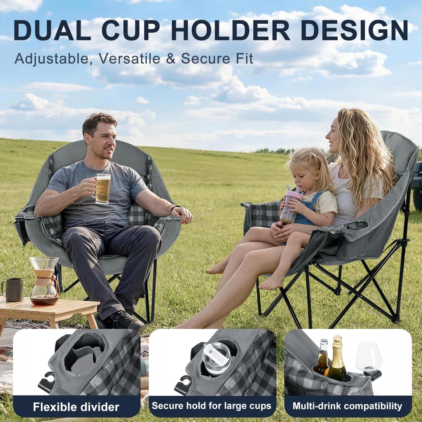 Oversized Camping Chairs for Adult - Heavy Duty Padded Portable Folding Chair XL Collapsible Camp Chair with Cup Holder Side Pocket for Outdoor Lawn Beach Sport Fishing Support 500LBS, Plaid 2 Pack