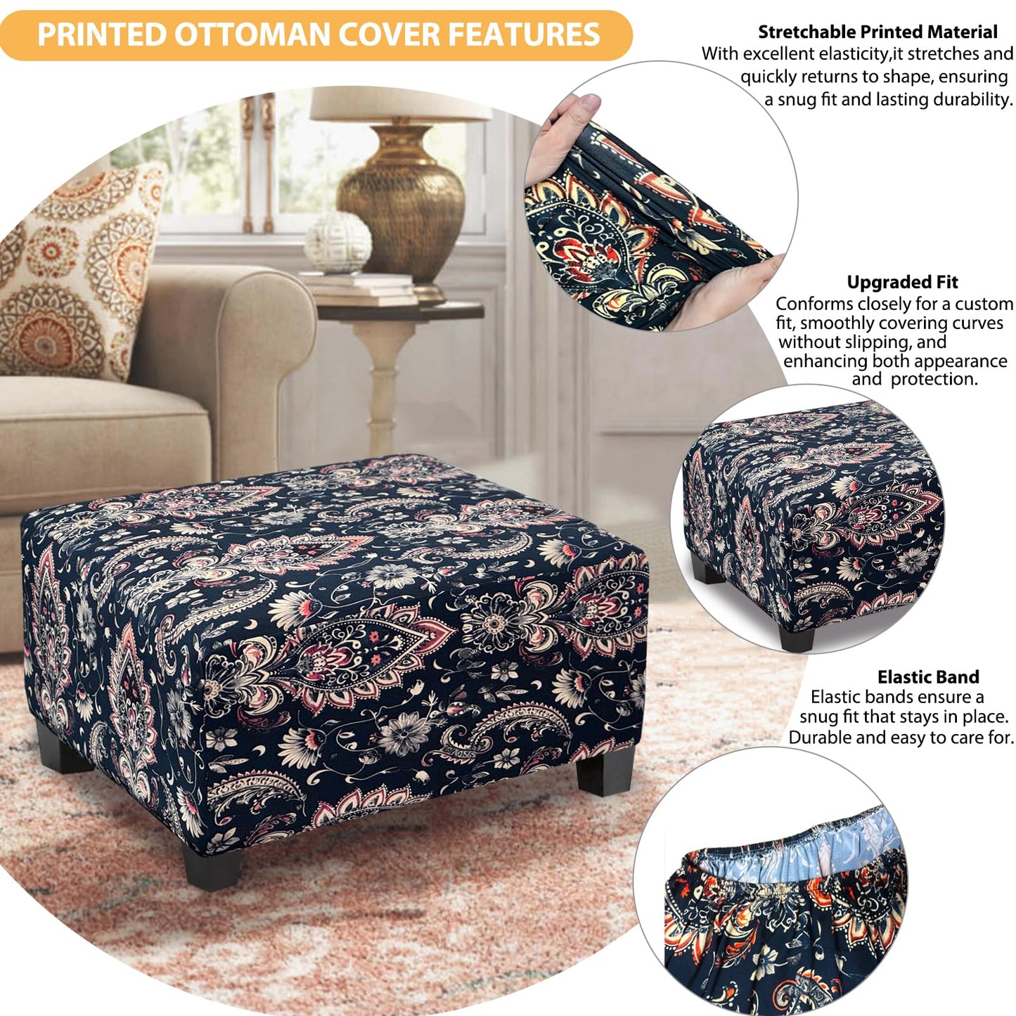 TOPHMDECOR Ottoman Cover Rectangle Printed,Stretch Footstool Slipcover with Elastic Bottom,Soft Fabric Protector for Rectangular Ottoman in Living Room or Bedroom,Medium,Flower G