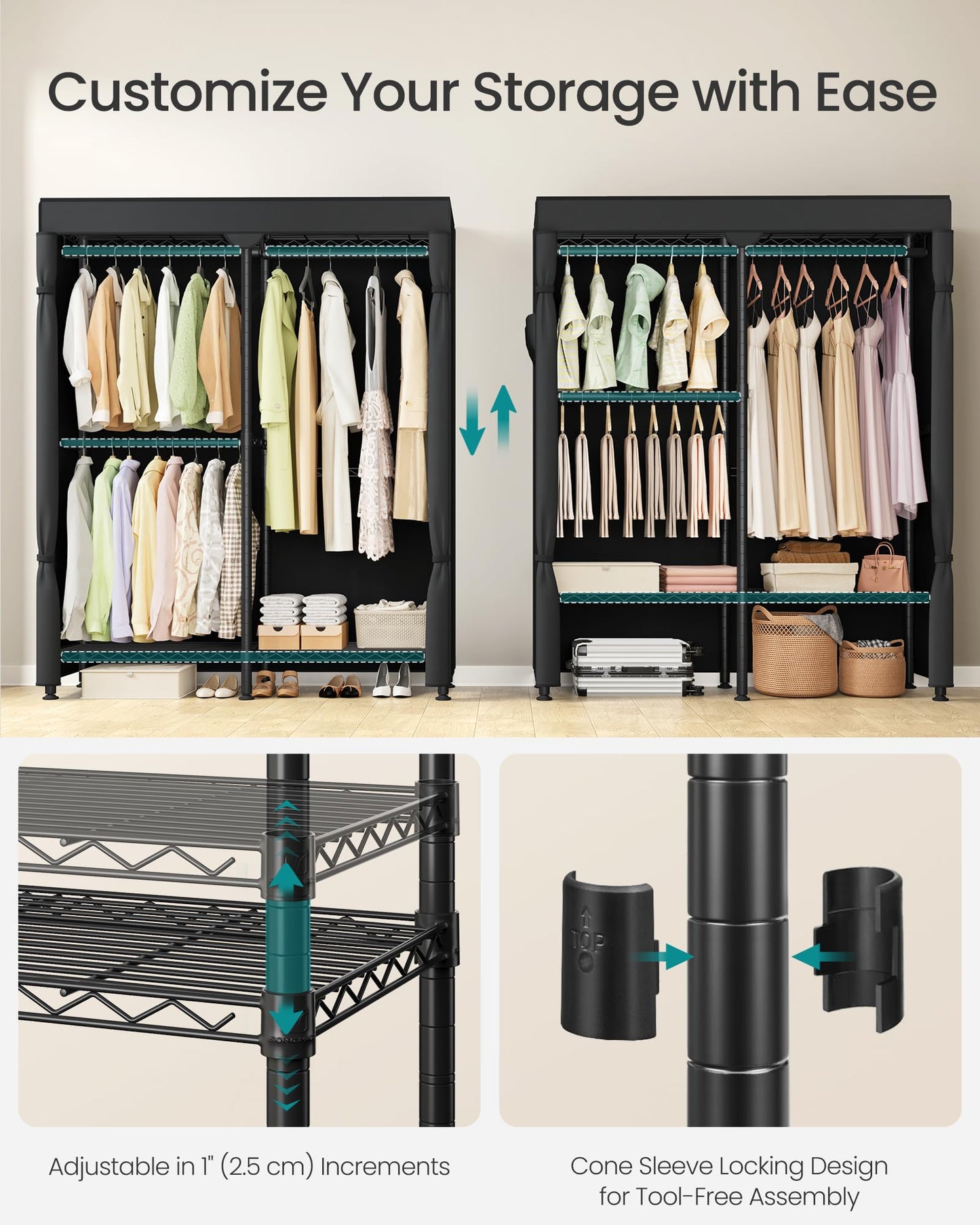 SONGMICS Clothing Rack, Heavy-Duty Garment Rack with Adjustable Storage Shelves and Hanging Rails, Fabric Cover, Freestanding Portable Wardrobe Closet, Ink Black ULGR424BH01