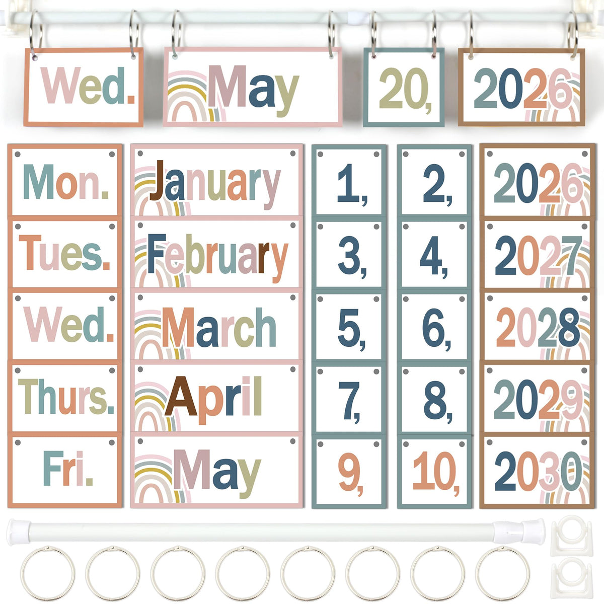 Boho Flip Calendar Bulletin Board Set Boho Rainbow Calendar for Classroom Whiteboard Decor with 2026 to 2030 Years Date Cards and Adjustable Rod for Home Elementary Back to School Teacher Supplies
