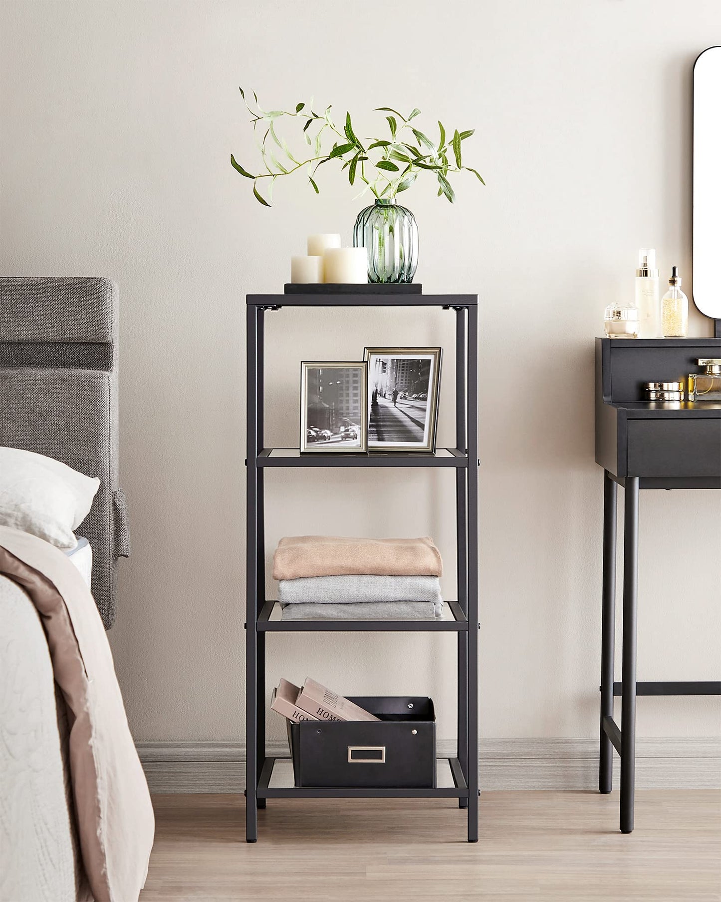 VASAGLE Bookcase, 4-Tier Bookshelf, Slim Shelving Unit for Bedroom, Bathroom, Home Office, Tempered Glass, Steel Frame, Ink Black ULGT028B61