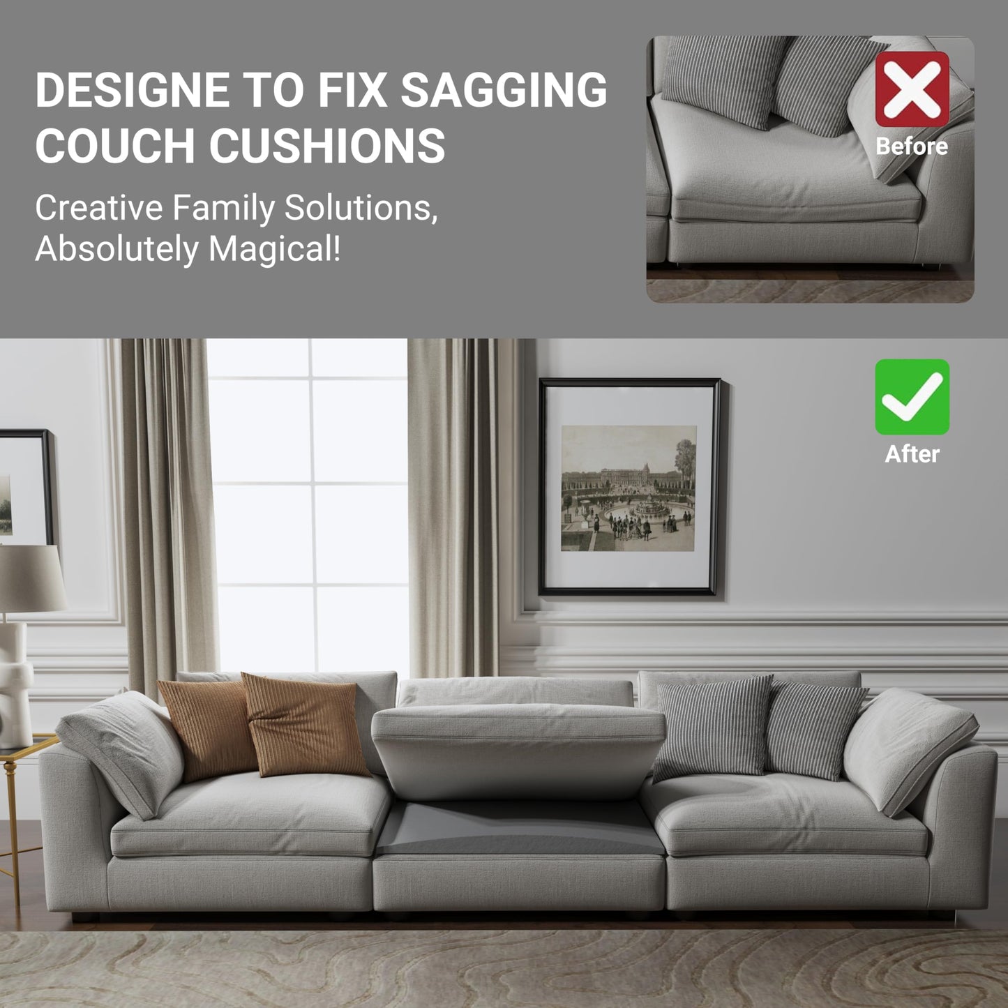 N NOORDENIYA Couch Cushion Support for Sagging Seat, High Density Foam Sofa Support Replacement for Furniture, Curved Couch Supporter for Under The Cushions, Grey Set of 3