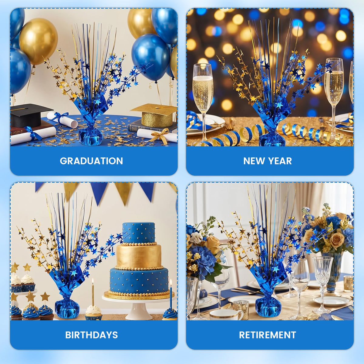 12 Pack Metallic Foil Spray Star Centerpieces for Tables, Blue and Gold Party Decorations for Wedding Birthday Baby Shower Bachelorette Retirement New Years Party Table Decorations