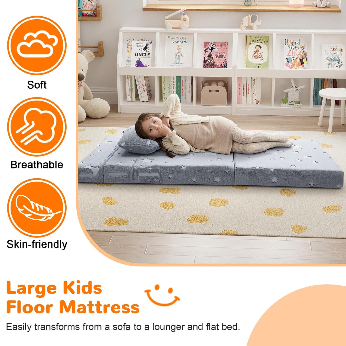 MeMoreCool Kids Tri-Fold Sofa Bed – Glow Star Floor Mattress & Foldable Futon Chair Convertible Toddler Couch | Soft Plush Lounge Mat | Playroom Furniture | Includes Pillow